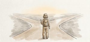 woman in front of a path with two directions